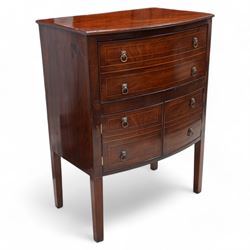 George III mahogany bow-fronted night cabinet, moulded top with box wood stinging over single drawer and double cupboard, with lion mask and hoop handles, on square supports 