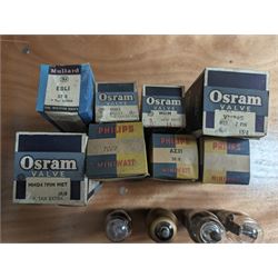 Large collection of thermionic valves/vacuum tubes, including Phillips, Osram and Mullard examples, mostly boxed 