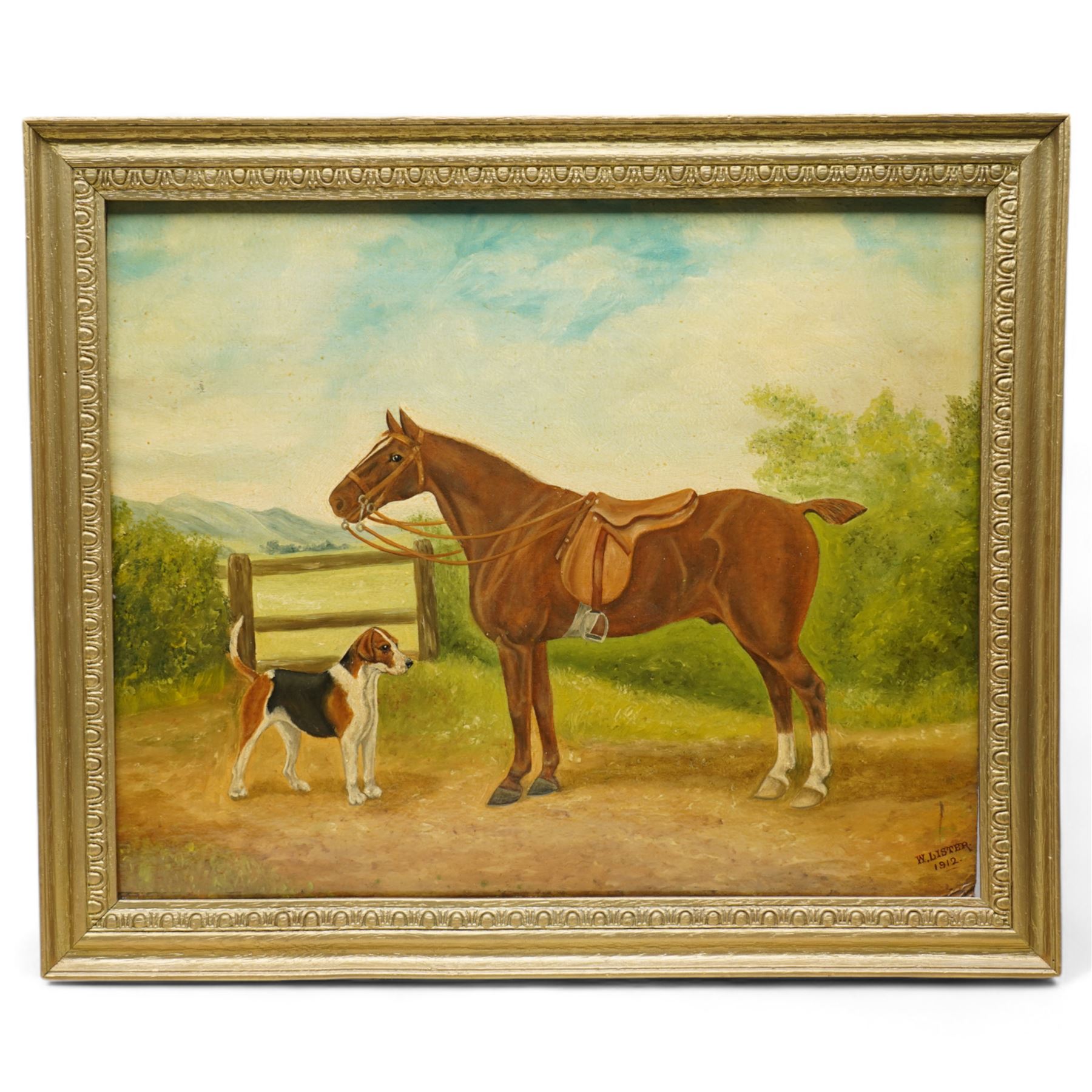 W Lister (British Early 20th century): Horse and Beagle in a Gated Field, oil on board signed and dated 1912, 32cm x 40cm