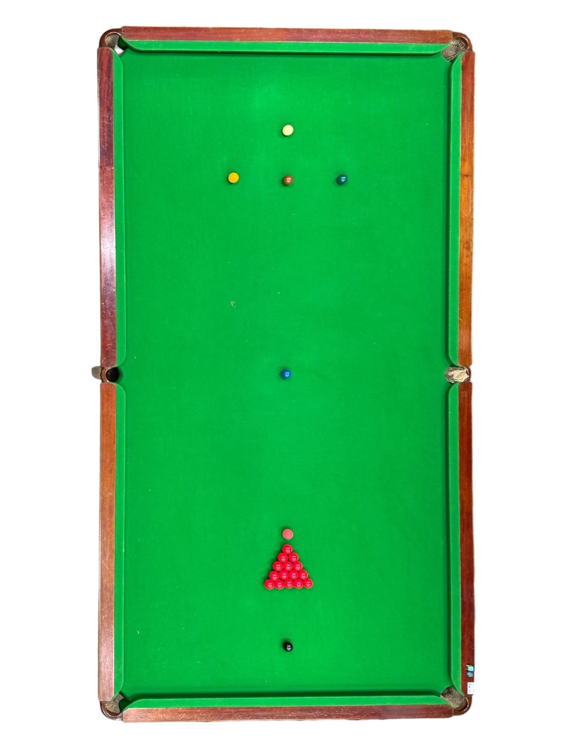 Riley - early 20th century full-sized mahogany billiards or snooker table, on eight turned baluster supports, with cue rack, scoreboard, balls and various cues 