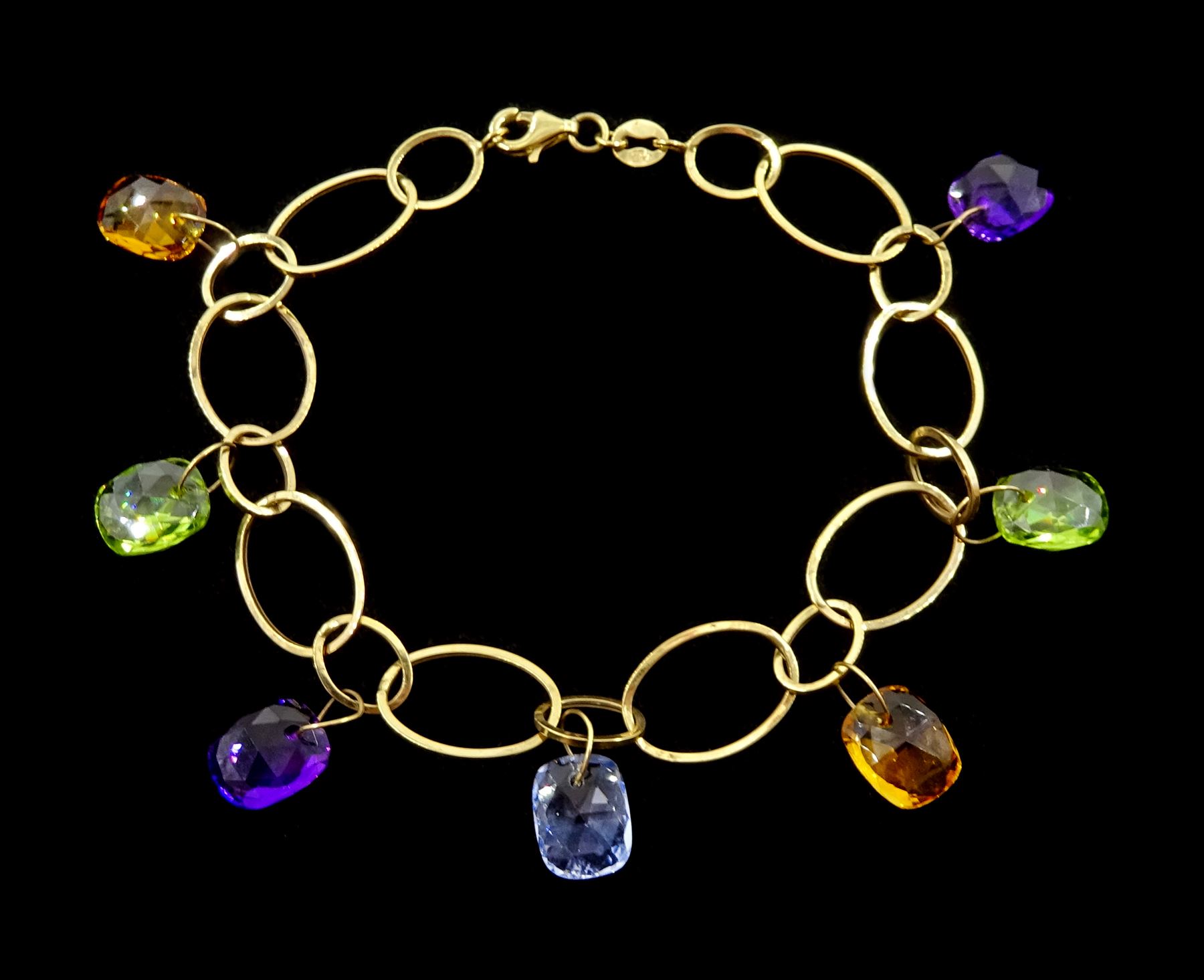 9ct gold multi gemstone oval link bracelet including amethyst, peridot and citrine, hallmarked