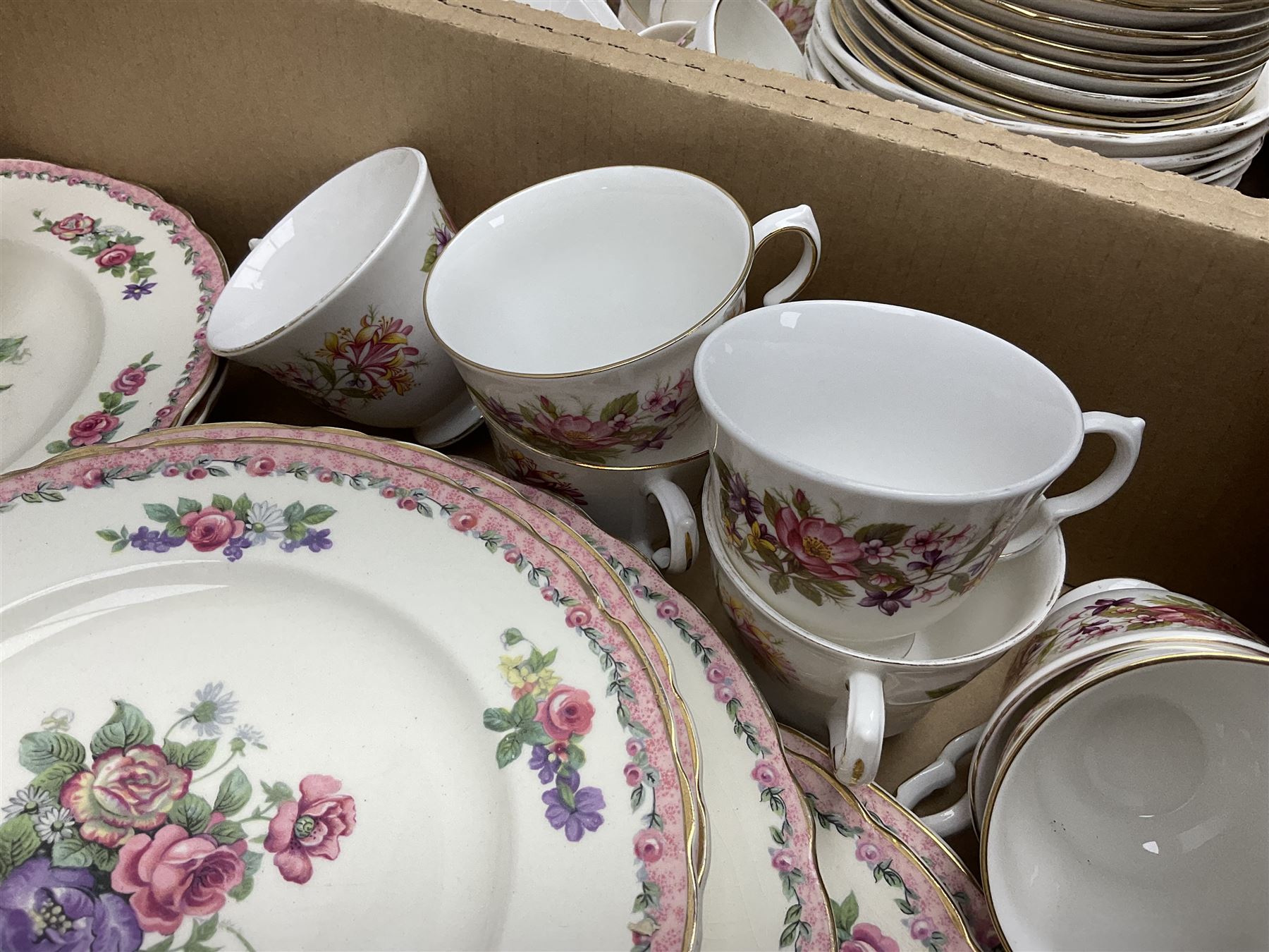 Royal Staffordshire Dinnerware by Clarice Cliff Nancy pattern dinner wares, including sauce boat, dinner plates, side plate and serving platter, together with a collection of Colclough Wayside Honeysuckle pattern tea wares