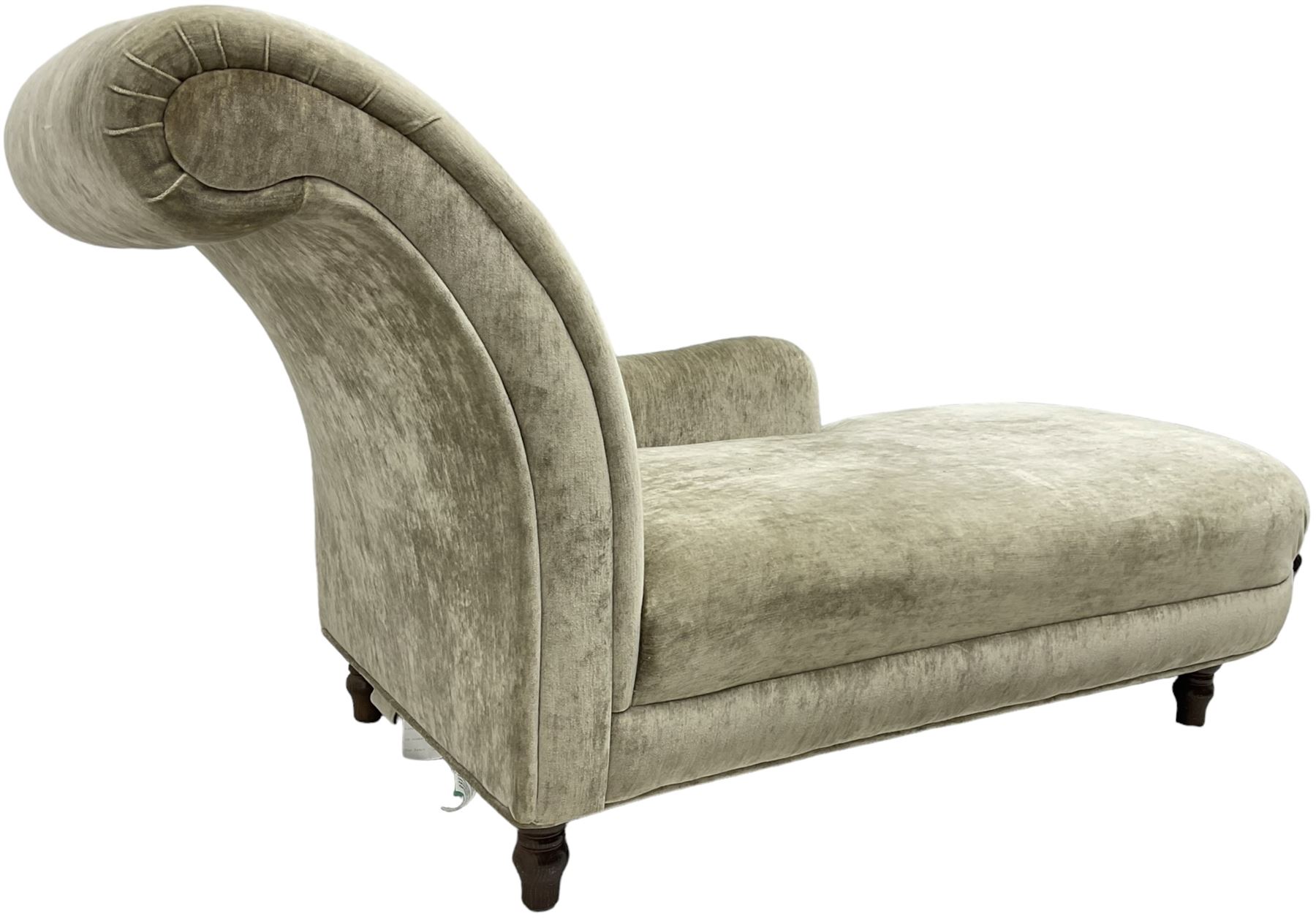 Contemporary chaise longue with scrolled back, upholstered in champagne crushed velvet, on turned feet