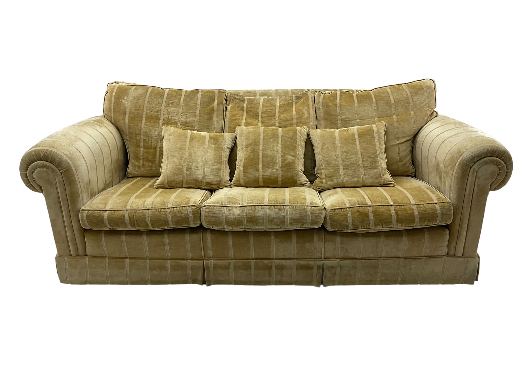 Duresta England - three-seat sofa, upholstered in pale gold fabric, traditional shape with rolled arms