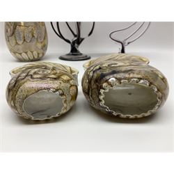 Three Gozo Glass vases of various shapes, decorated with mottled and swirled textured designs in shades of brown, together with two murano  pedestal dishes, largest dish H23cm