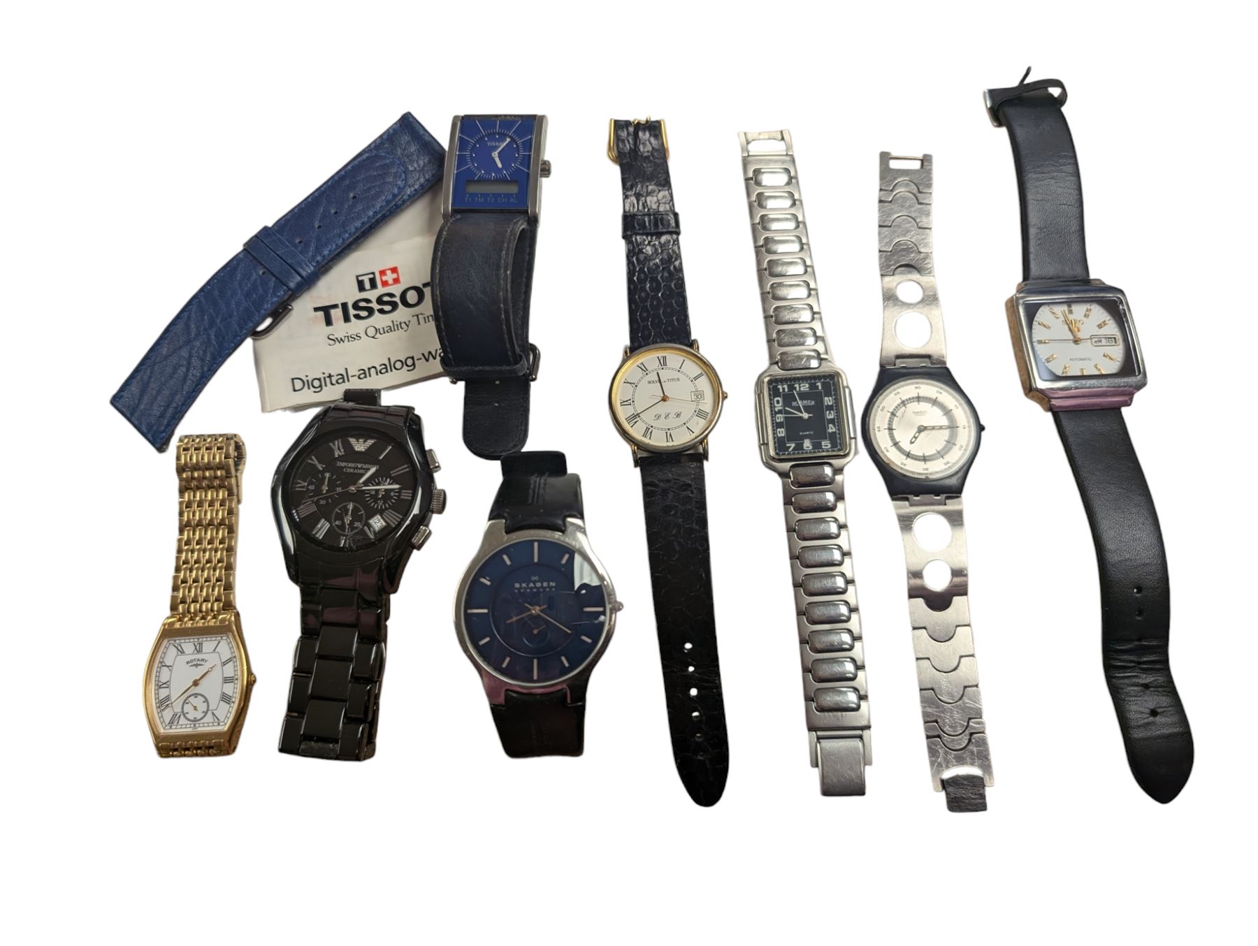 Seiko automatic wristwatch and a collection of quartz wristwatches including Tissot, Swatch, Armani ceramic, Roamer and Skagen