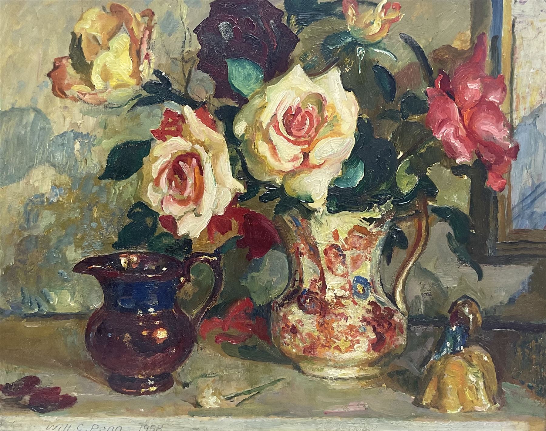 William Charles Penn (British 1877-1968): 'Roses', oil on board signed and dated 1958, titled on label verso 40cm x 50cm