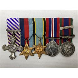 WW2 Royal Canadian Air Force group of five medals comprising Distinguished Flying Cross inscribed verso 1945 F/L Stephen M. Byrne 433 Squadron 1939/1945, 1939-1945 Star, Air Crew Europe Star, 1939-1945 War Medal and Canadian Volunteer Service Medal with maple leaf clasp; together with copies of research material including London Gazette Supplement