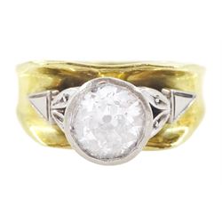 18ct gold single stone old cut diamond ring, with milgrain set leaf shoulders, diamond app...