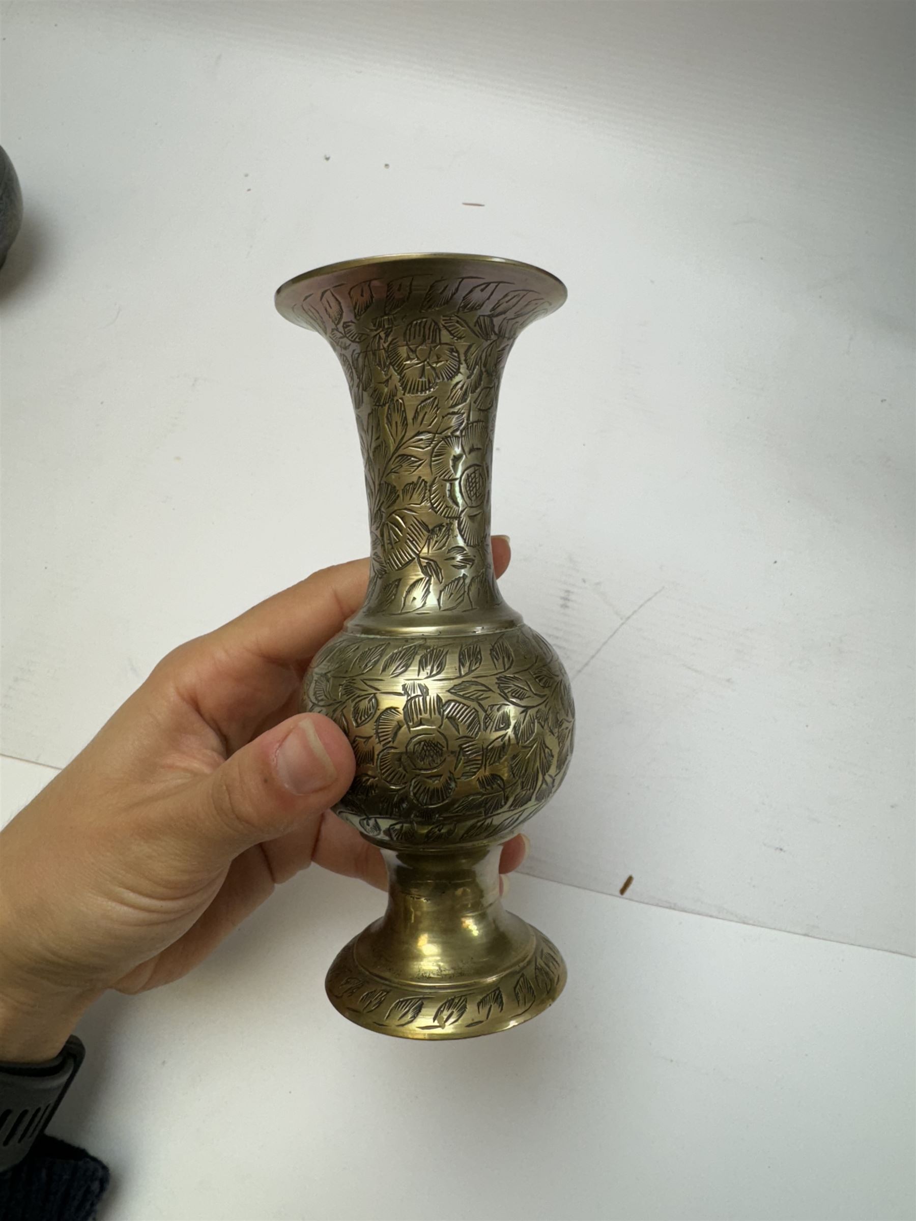 Pair of brass vases, together with brass charger and other metalware 