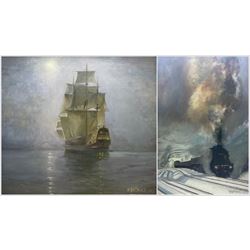 H Hardwick (British 20th Century): Steam Train and Ship, two oils on board signed and date...