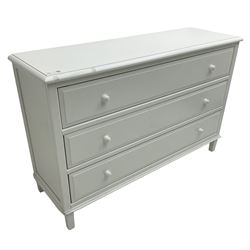 Contemporary wide white painted straight-front chest, fitted with three drawers