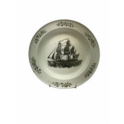 Late 18th century Liverpool Herculaneum creamware plate, printed with a three masted ship or Barque, flying an ensign, the border decorated with floral sprigs, impressed beneath Herculaneum, D25.5cm