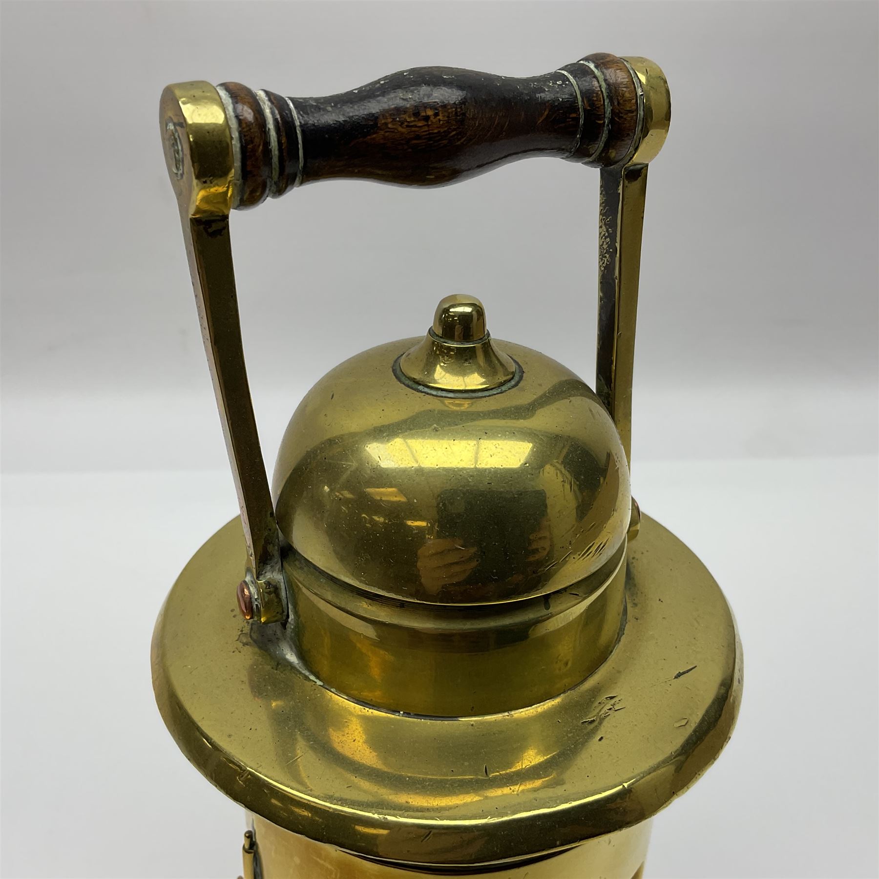 Handheld brass oil lamp, with a turned wooden handle, H26cm