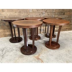 Five walnut circular bar or bedroom occasional tables