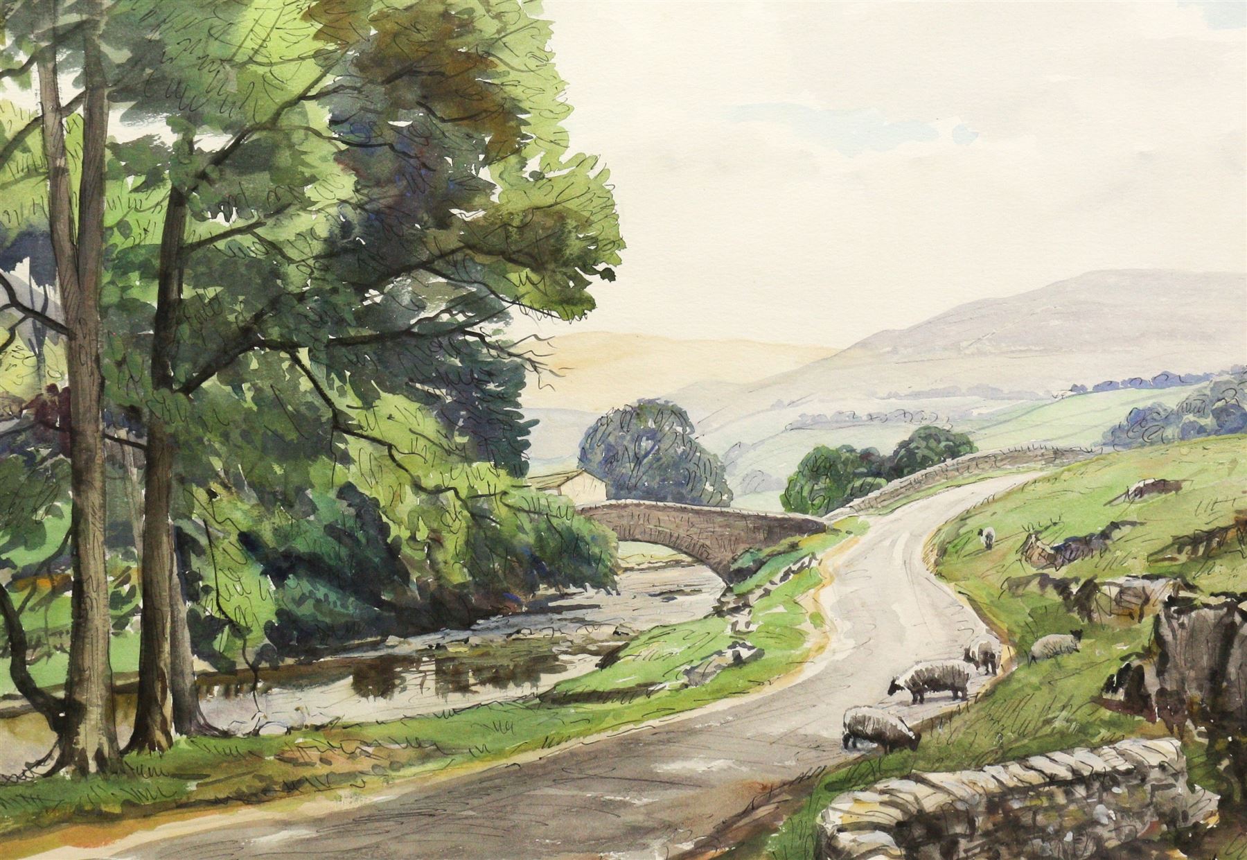 Walter Cecil Horsnell (British 1911-1997): Sheep by the Stone Bridge, watercolour signed 35cm x 50cm 