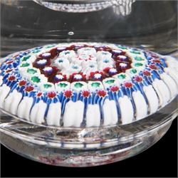 Whitefriars design glass inkwell of footed domed form with hinged lid and interior decoration of concentric circles of millefiori canes in blue, white etc H13cm