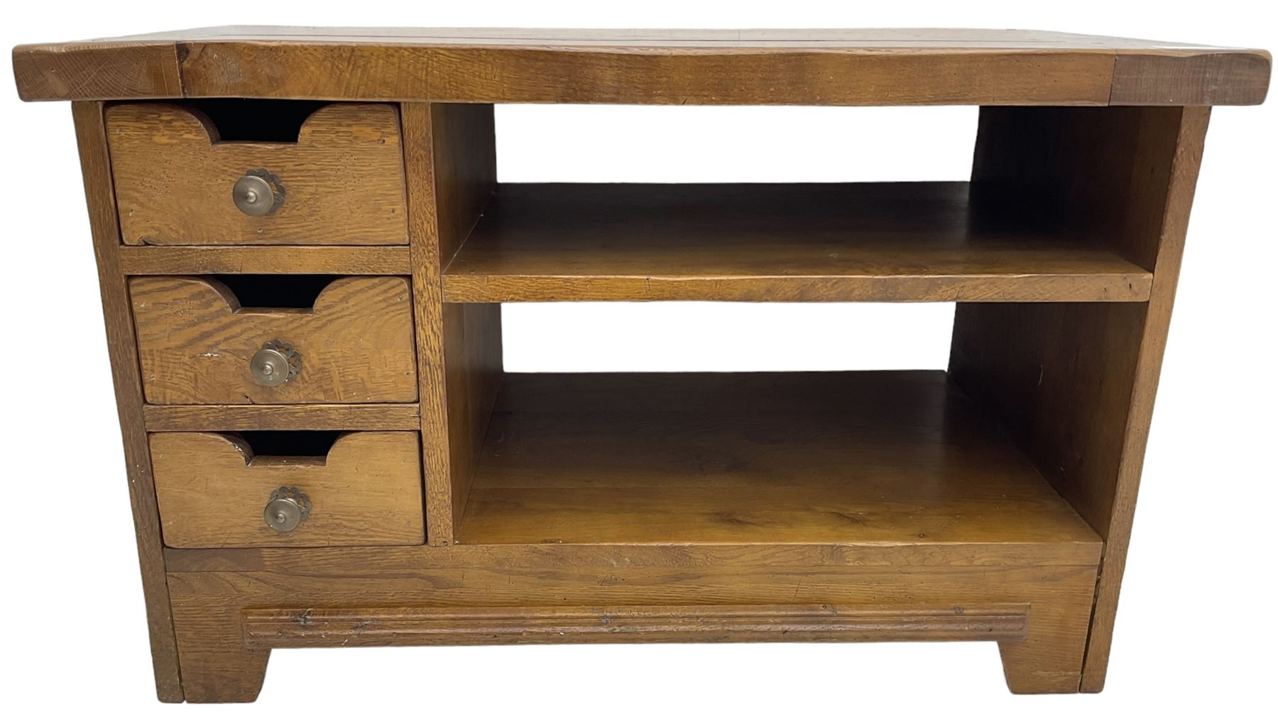 John Lewis - 'Bergerac' oak television stand, rectangular plank top over three drawers with cut-out handles to the left and open shelving to the right, on square supports with slanted edges