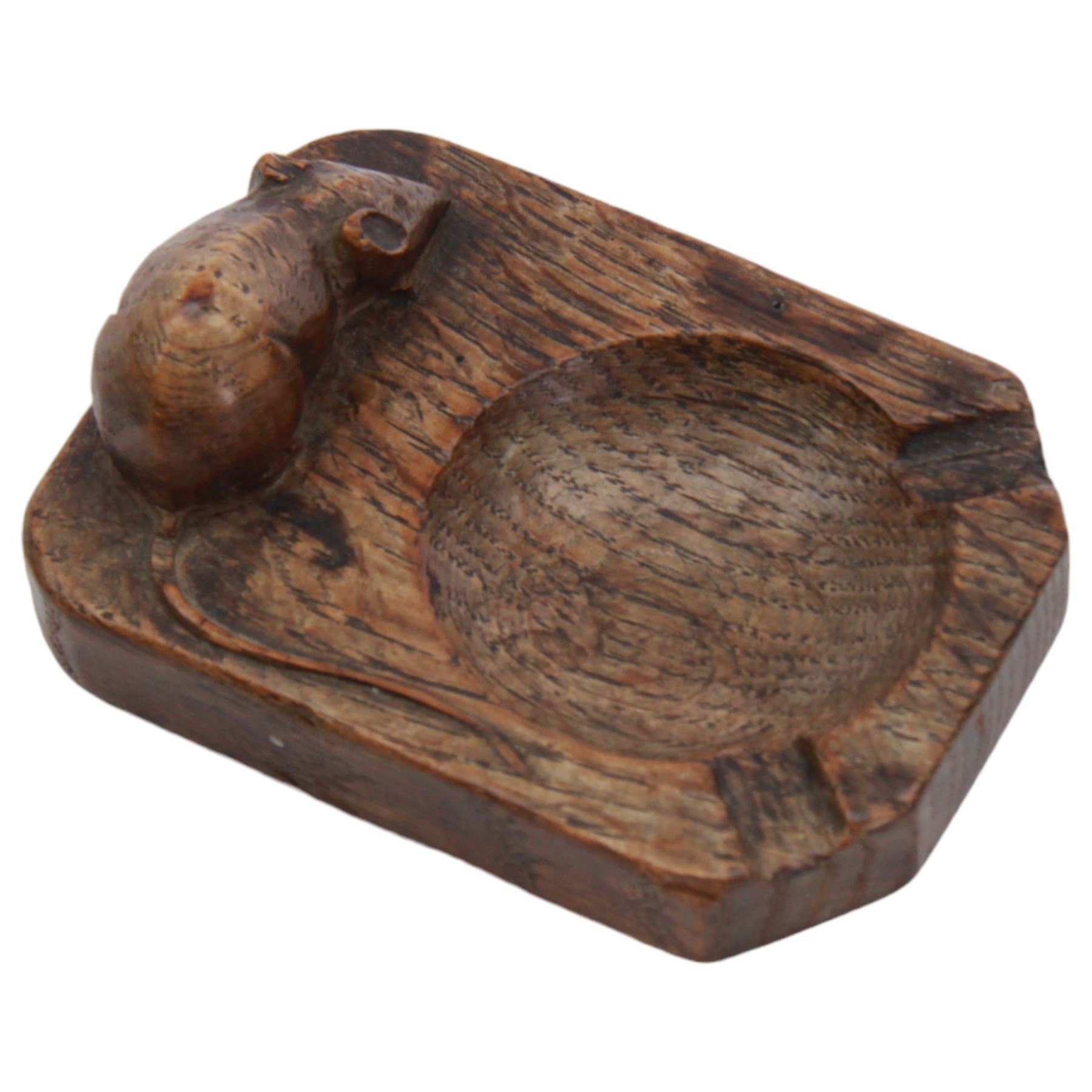 Mouseman - oak ashtray, rectangular form with rounded and canted corners, carved with mouse signature, by the workshop of Robert Thompson, Kilburn