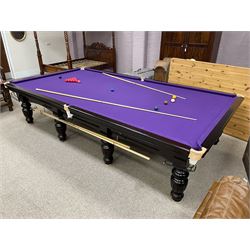 Riley - full-sized 12' x 6' slate bed snooker table, mahogany frame with purple baize, raised on turned and fluted baluster supports, recently refurbished; together with, cues, scoreboard, cover, snooker and pool balls