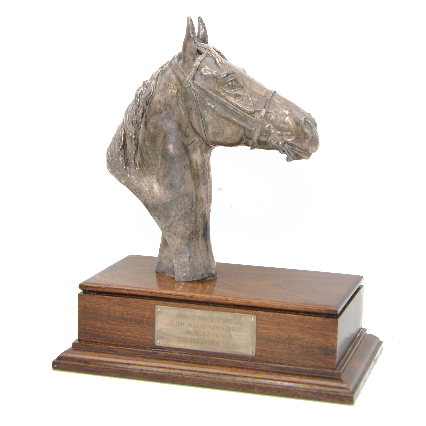 'Tote Scoop 6 Stakes Haydock Park 3rd September 1999' - Silver filled model of a horses head on a mahogany plinth H20cm x W18cm Sheffield 1999 Maker Camelot Silverware Ltd