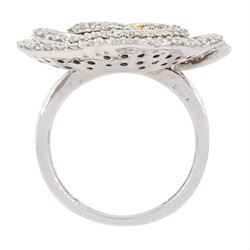 White gold round brilliant cut white and fancy light brown colour diamond rose swirl ring, hallmarked 9ct, total diamond weight approx 1.50 carat