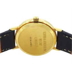 Beaumont ladies 18ct gold quartz presentation wristwatch, champagne dial with baton hour markers and date aperture, London 2004, on black leather strap, hallmarked, boxed