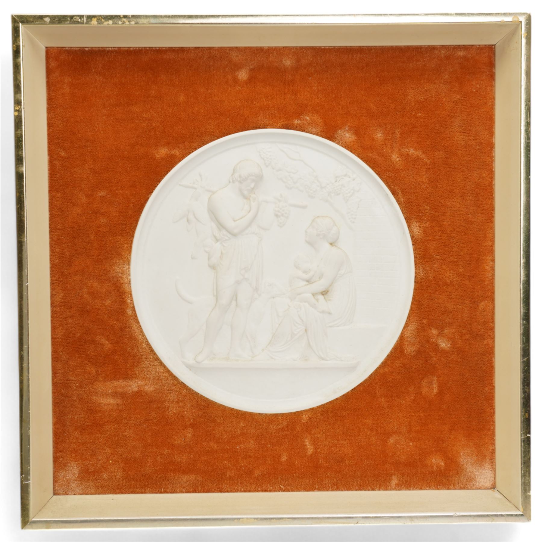 Pair of Continental bisque porcelain oval plaques, in relief, depicting Autumn and Spring, within square velvet lined frames, 24.5cm x 24.5cm, together with a reproduction relief plaque depicting a portrait of a young lady, believed to be Saint Cecilia, W16.5cm x H25cm 