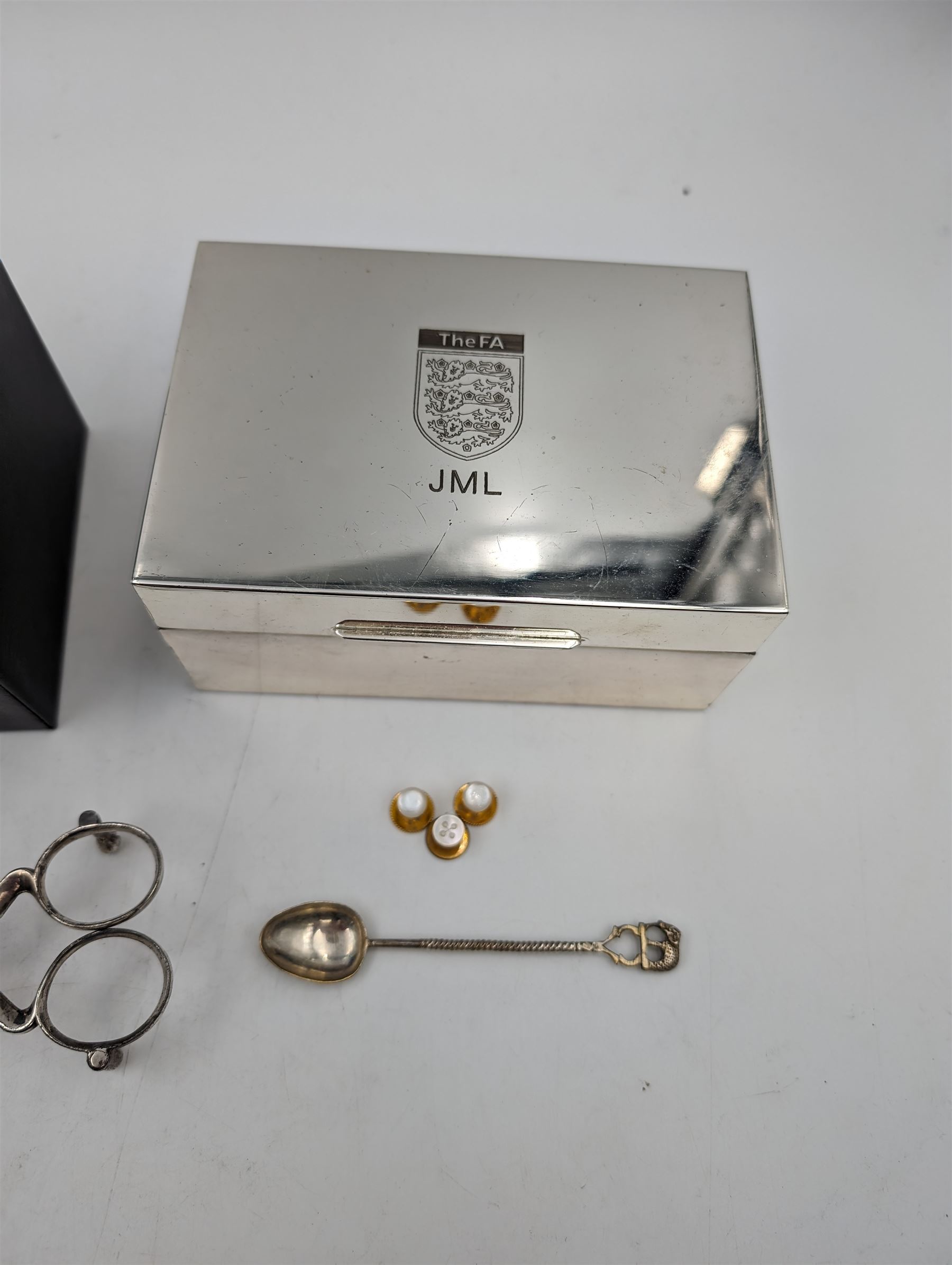 Links of London silver plated box, engraved The FA JML, together with a similar silver plated Links of London candle and other silver plated items