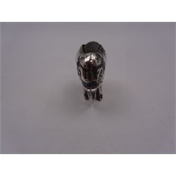 Edwardian silver mounted novelty pin cushion, in the form of an elephant, with cushioned back, hallmarked Birmingham 1906, maker's mark worn and indistinct, L4cm, H3.5cm