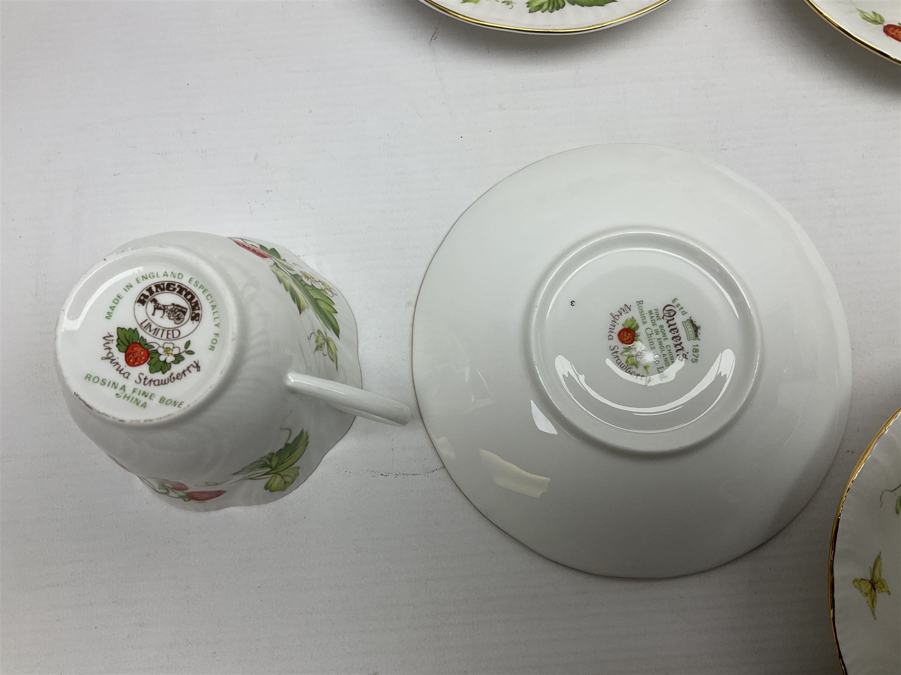 Ringtons and Queen's China Virginia Strawberry pattern teawares, including teacups, saucers, milk jugs, sugar bowls, etc