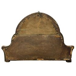 19th century painted pine and gesso wall mirror, stepped arch frame enclosing mirror plate with bevelled stylised leaf decoration and bevelled edge, the frame carved with scrolling leafy branches and painted with black detail, foliate moulded outer edge