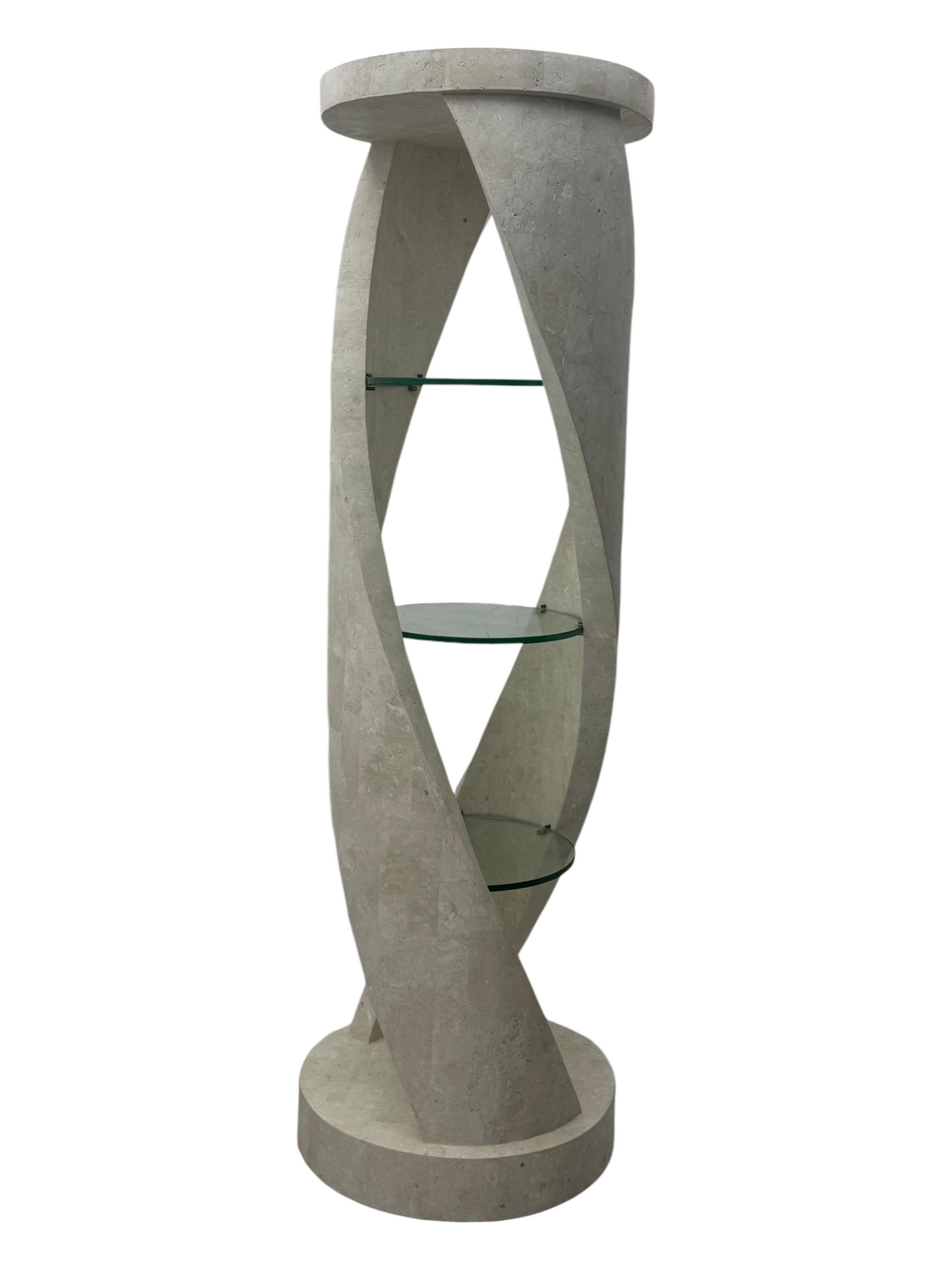 Composite stone display stand, circular twist form, fitted with three glass shelves