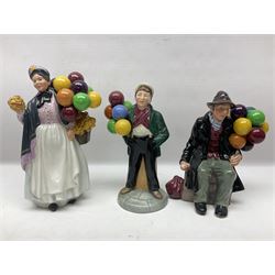 Seven Royal Doulton figures, including The Mask Seller HN2103, Silks and Ribbons HN2017, Balloon Girl HN2818, Balloon Boy HN2934 and other balloon sellers 