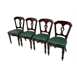 Matched set of twelve Victorian mahogany dining or boardroom chairs, the shaped cresting rail decorated with scrolled decoration, upholstered drop-on seats upholstered in green fabric, on turned supports  