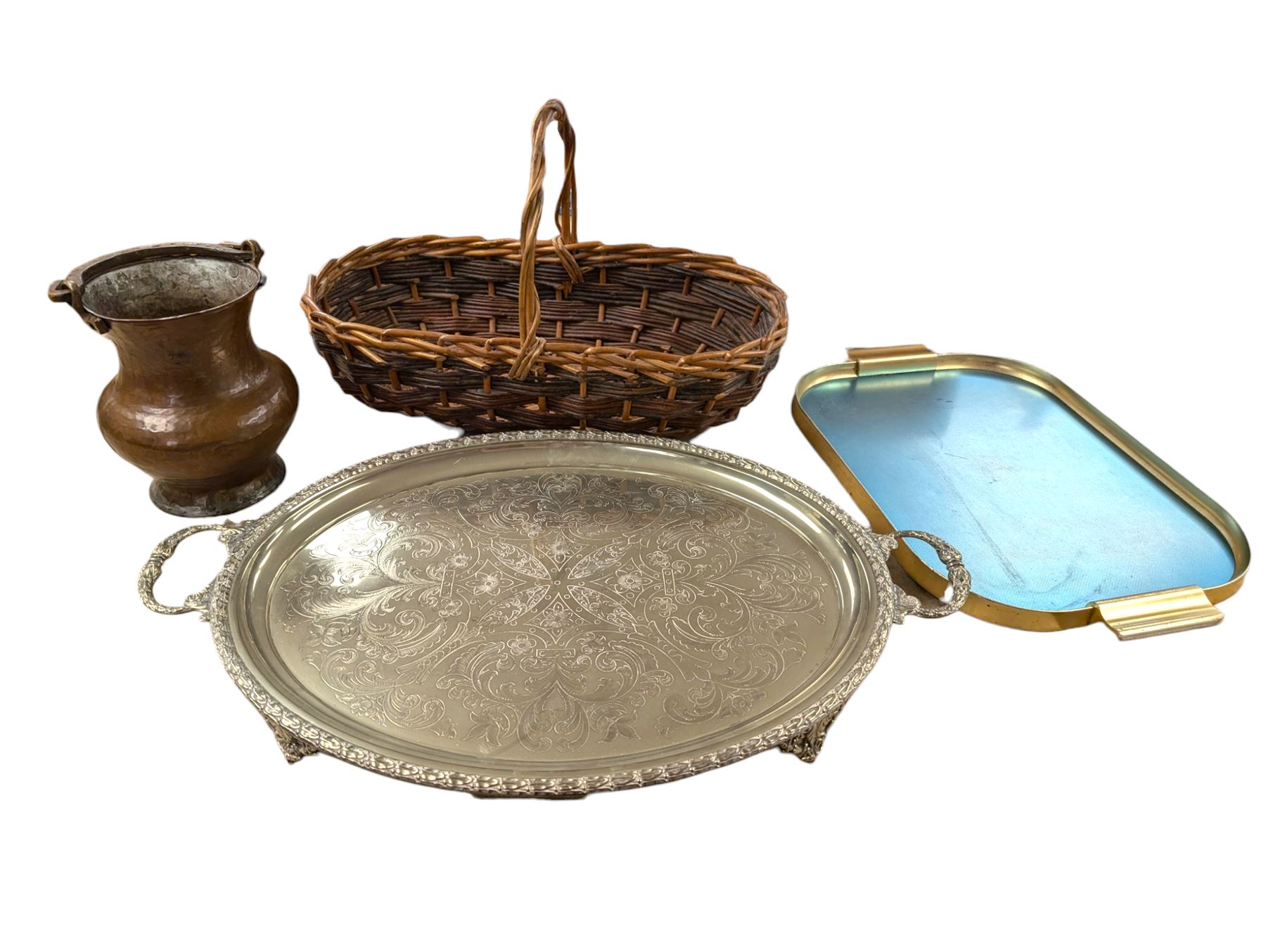 Large twin handled silver plated tray, copper vase with brass handle, wicker basket and one other tray