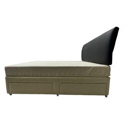 Contemporary king size 5' Tempur divan bed, black leather upholstered headboard, beige fabric divan base with four drawers; Tempur 'Combi HD' mattress with removable cover (200 x 150 x 20cm)