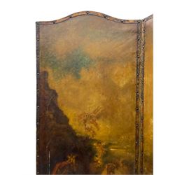 19th century four panel folding room screen, each leather panel painted with scenes from 'The Embarkation for Cythera' after Jean-Antoine Watteau (French 1684-1721), depicting a fête galante celebration with amorous couples and Cupids, with them a gilt statue of Venus, set within a classical capriccio landscape on the Greek island of Cythera, inscribed and titled verso with a verse from 'Ode on a Grecian Urn' by John Keats