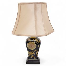 Oriental table lamp, decorated with pink and yellow flowers against a blue ground, on square base, with shade, H24cm excluding fittings