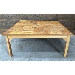 Square centre dining centre table, parquetry wine crate top with oak edging, on beech legs