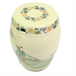 20th century oriental ceramic garden stool, of barrel form, painted with children playing in a rocky landscape, H45cm 