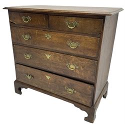 George III oak chest, moulded rectangular top over two short and three long graduating drawers, raised on bracket feet