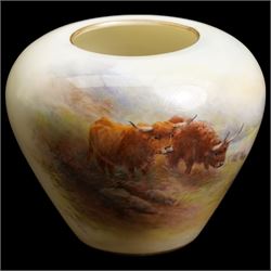 Royal Worcester small vase, painted with highland cattle, by Harry Stinton, green backstamp, G210, H7cm