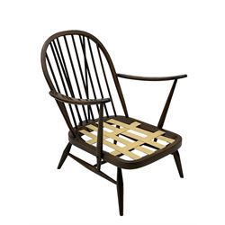 Ercol - dark beech easy open armchair, hoop and stick back, with upholstered loose cushions (W71cm, H82cm, D89cm); matching dark beech rectangular footstool (53cm x 53cm, H40cm)