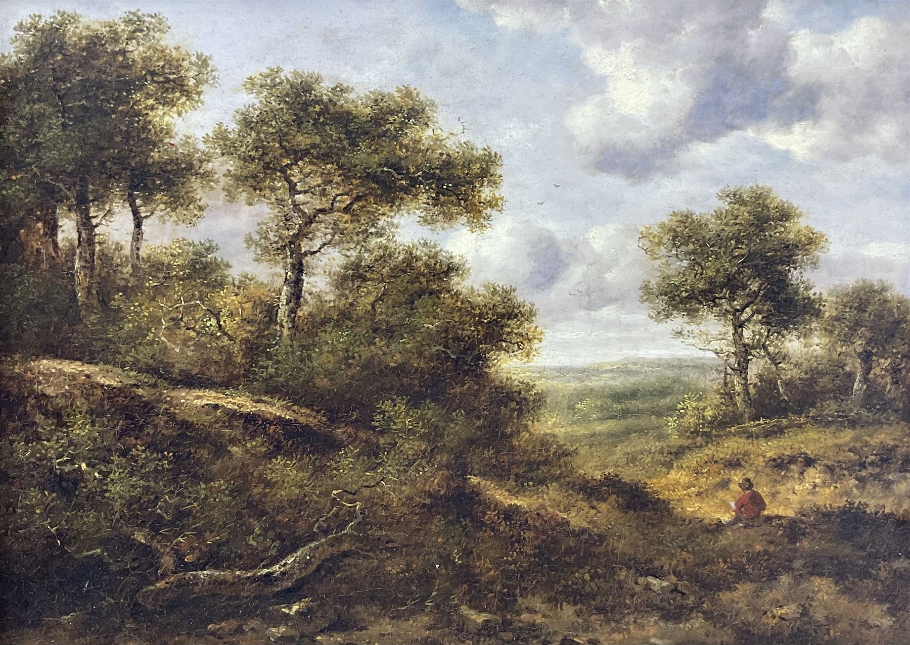 Attrib. Richard H Hilder (British 1813-1852): Figure at Rest on a Woodland Hilltop, oil on panel unsigned 28cm x 38cm