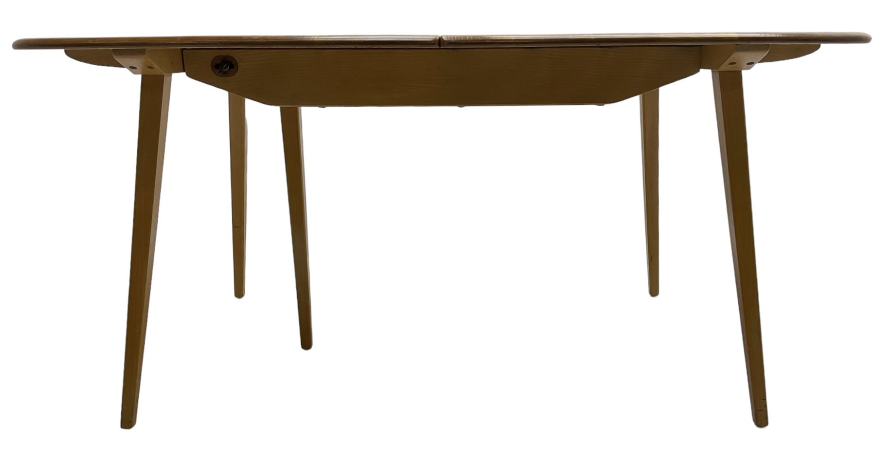 Ercol - light elm and beech 'Slide Leg Expanding Dining Table (444)', rectangular top with rounded corners, raised on tapered splayed supports, with two additional leaves