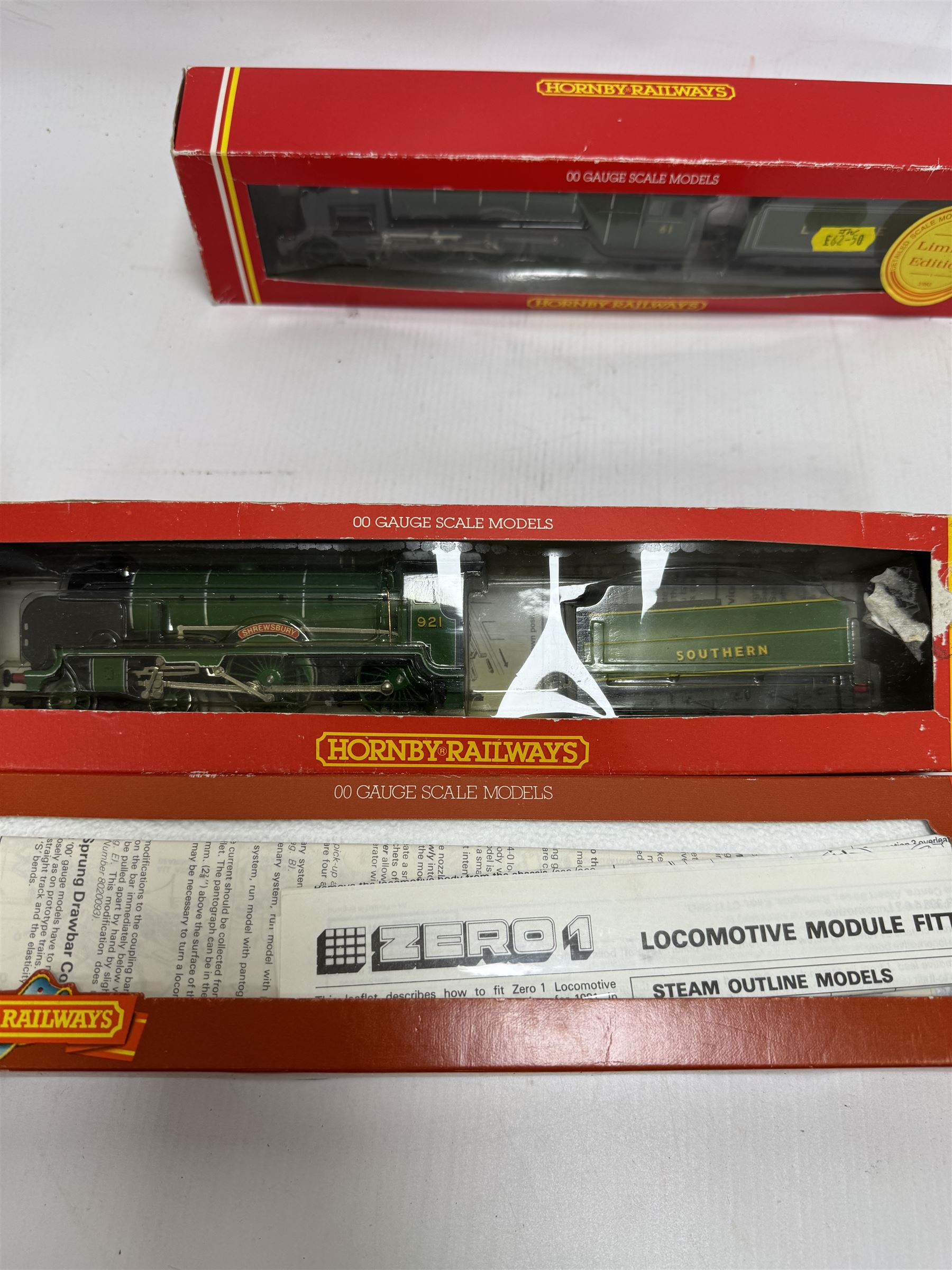 Three Hornby '00' gauge locomotives, comprising R378 LNER Class D49/1 locomotive Cheshire, R583 SR Schools Class 4-4-0 Shrewsbury and limited edition R375 LNER Class A3 4-6-2 Pretty Polly, all boxed