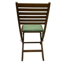 Teak slatted garden table, circular drop-leaf top (D120xm, H76cm); set of four teak slatted garden folding chairs  - THIS LOT IS TO BE COLLECTED BY APPOINTMENT FROM DUGGLEBY STORAGE, GREAT HILL, EASTFIELD, SCARBOROUGH, YO11 3TX