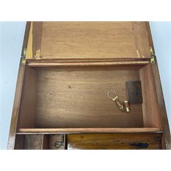 19th century walnut writing slope, the hinged lid with inlaid cartouche opening to reveal black gilt tooled leather slope and pen storage, H15cm, L30cm