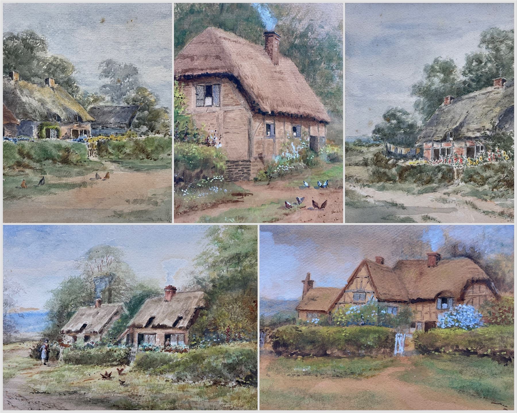 MHA (British early 20th century): Cottages, set five watercolours variously signed with initials in matching frames 12cm x 18cm (5)